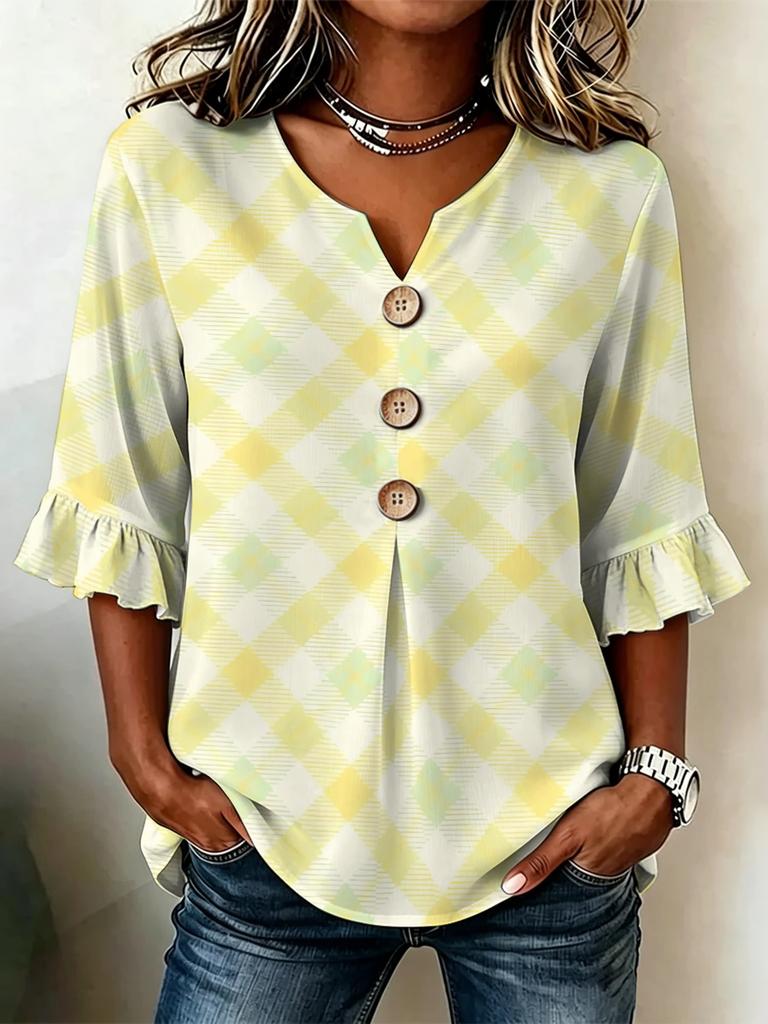 Women's Yellow Plaid V-Neck Button Front Blouse, 3/4 Ruffle Sleeve Loose Casual Top for Spring Summer Office & Daily Wear
