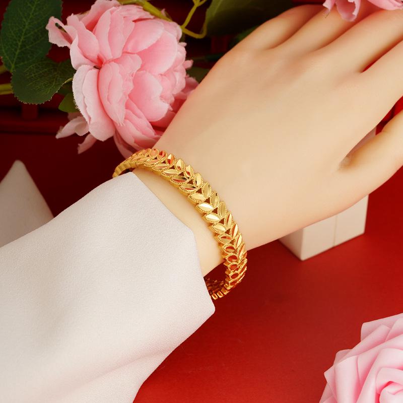 Gold-Plated Wheat Ear Buckle Bracelet & Double Layer Leaf Open Ring for Women