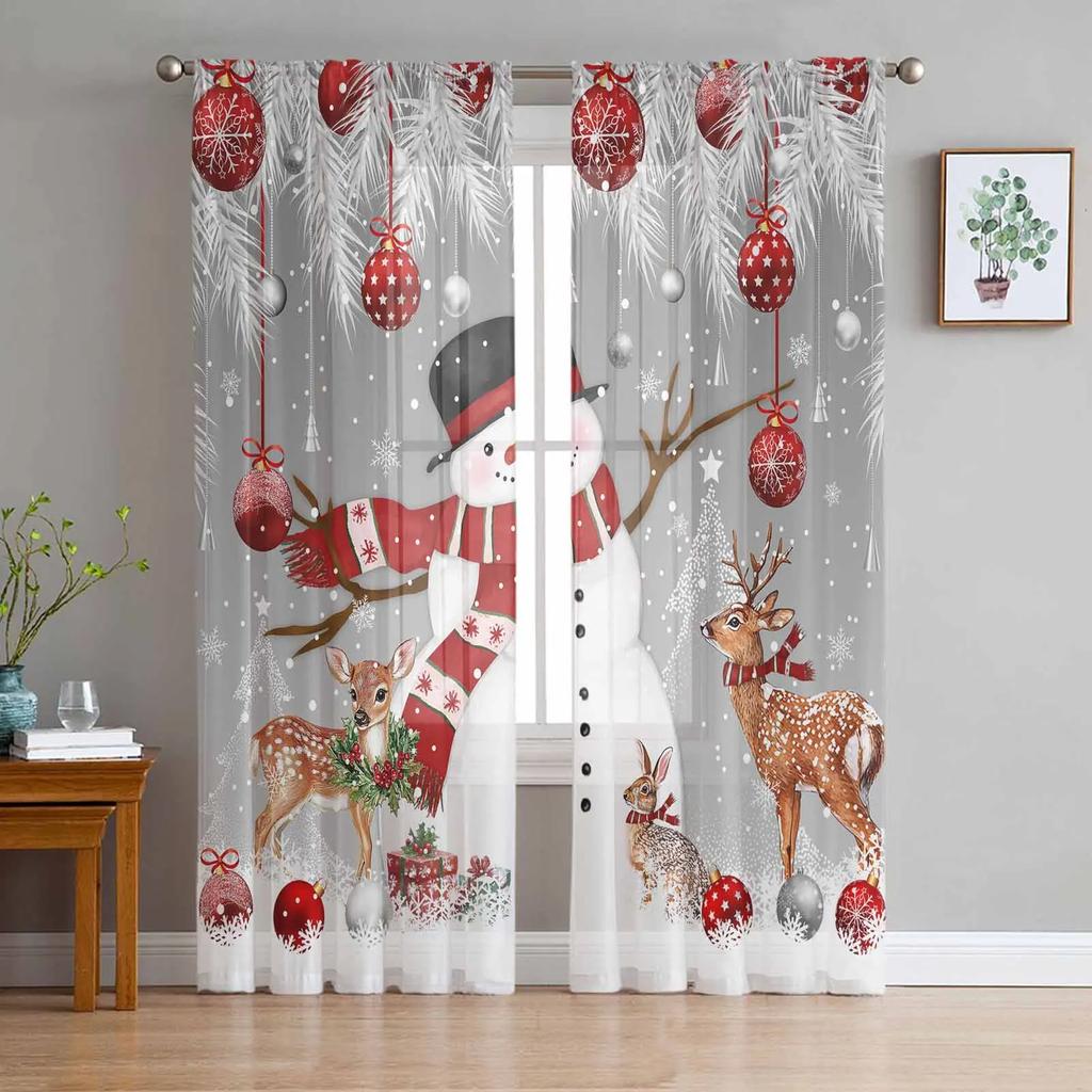 Christmas Snowman Deer Sheer Curtains for Living Room Decoration Window Curtains Kitchen Tulle Voile Curtains