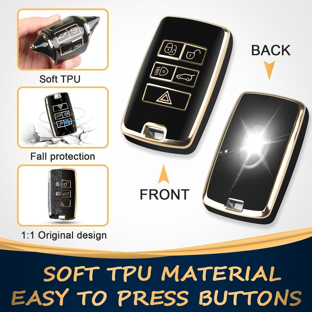 QBUC For Land Rover Key Fob Cover With KeyChain Soft TPU Gold Trim Key Case Full Protection Compatible With 2018-2026 Land Rover Range Rover Evoque