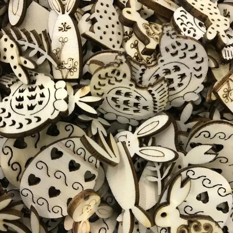 Hot Sale 50pcs Mix Shape Easter Wooden Wood Hanging Pendant  Party Supplies Craft DIY Ornament Hanging Tag Happy Easter Decor