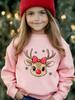 Moletom de gola redonda da moda para meninas, forrado de fleece, para outono/inverno, com estampa de rena vermelha com bolinhas e laço, de manga comprida.