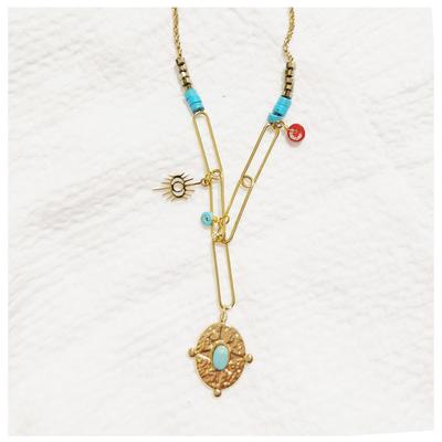 [R6385] - Designer Steel Necklace 'Cléopatra' Turquoise Gold - 42x17 Mm