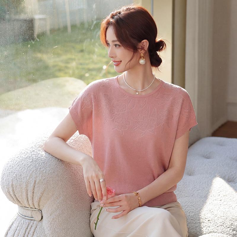 Stylish Summer Knit Top for Moms: Elegant Short Sleeve for Mature Women L (recommended 80-100 jin) розовый