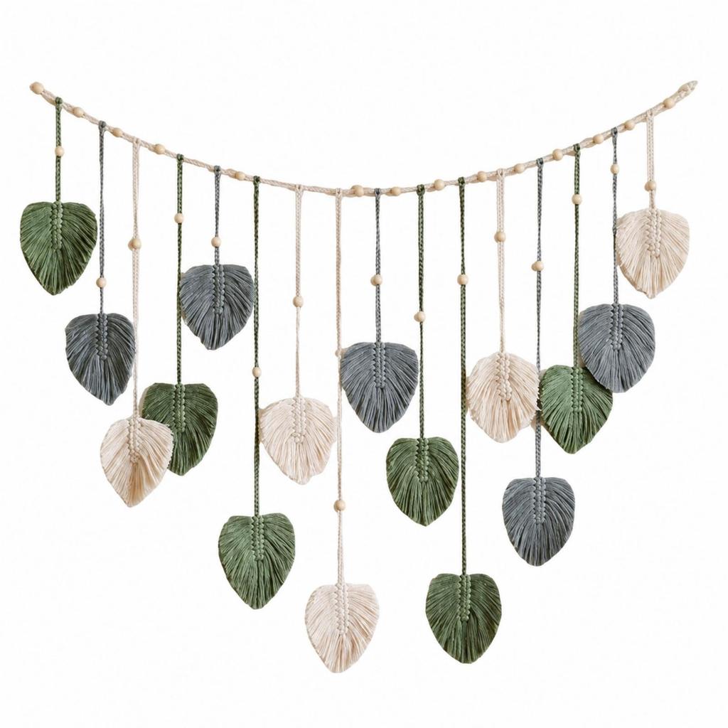 Cotton Rope Wall Hanging with Leaf Ornaments Handmade for Bedroom, Studio