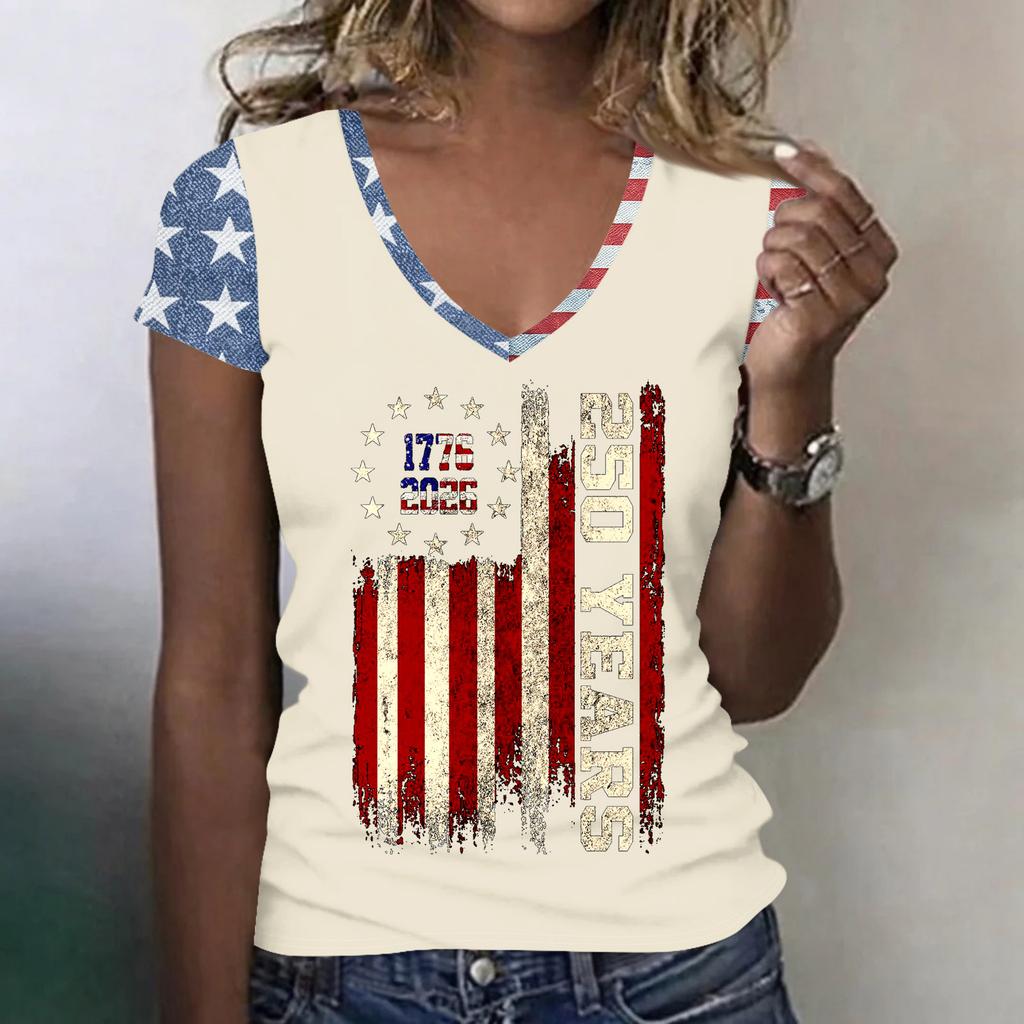 Women’s V Neck Lightweight Short Sleeve Top with Distressed Flag and 250 Years Print for Spring Summer Casual Wear