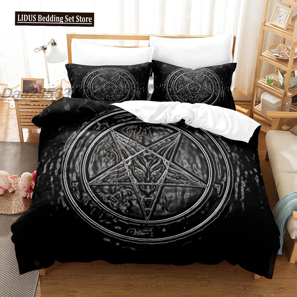 Dark Satanic Duvet Cover Set Satan Goat Inverted Pentagram Skull Bedding Set Full King Size Bed Set Bedroom Comforter Cover Set
