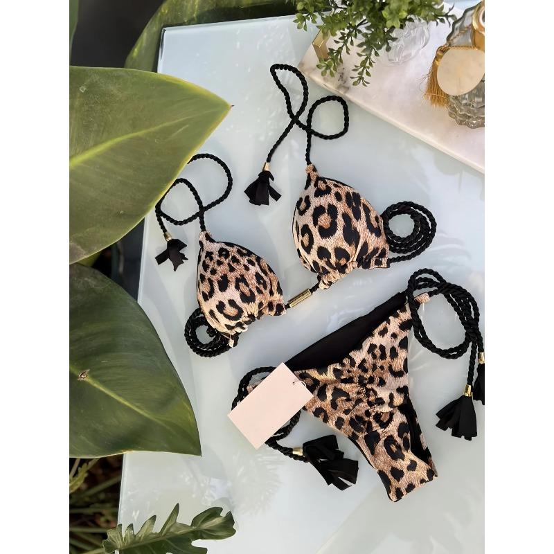 2026 Sexy leopardí vzor Plavky Dámská dvoudílná bikiny sada Tkaný popruh s lanem Třásně Plážové dámské dvoudílné plavky