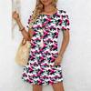 Women Round Neck Oversized Short Sleeve Dress Vibrant Meadow Flower Print For Garden Party