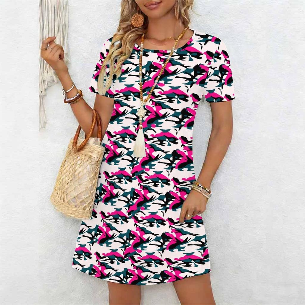 Women Round Neck Oversized Short Sleeve Dress Vibrant Meadow Flower Print For Garden Party