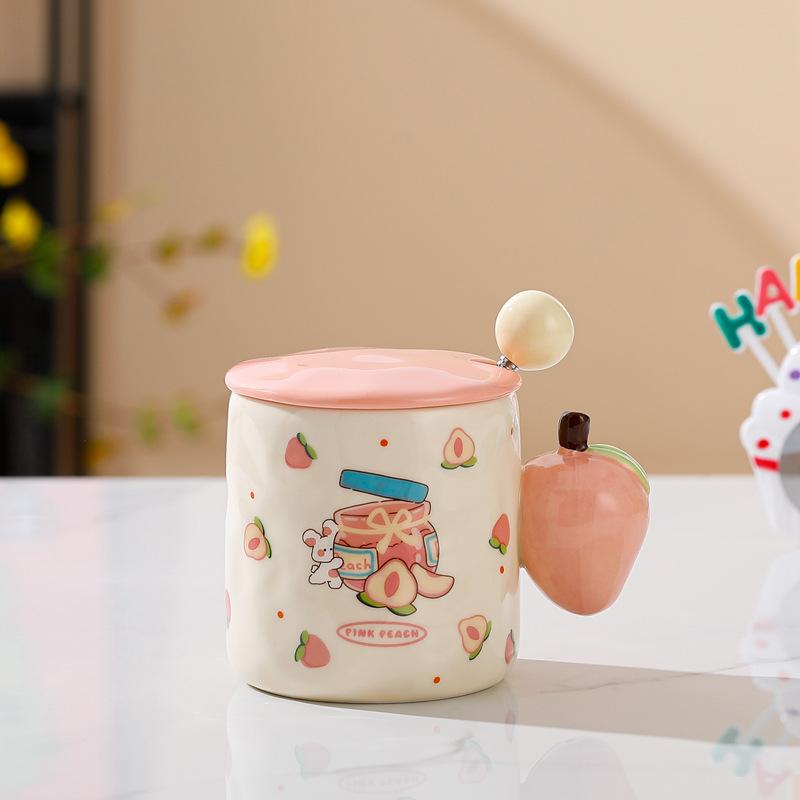 New High Value Fruit Mug with Lid Spoon Cute Ceramic Water Cup Office Home Coffee Cup