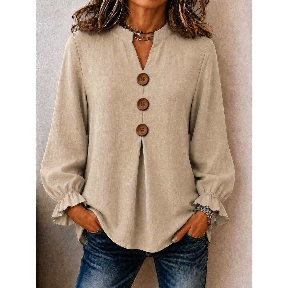 Women Solid V Neck Button Down Long Sleeve Blouse, Fashion Ladies Top for Autumn Winter