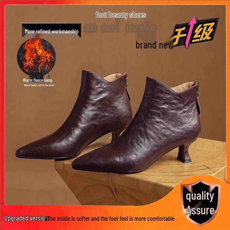 Women's V-Cut Stiletto Heel Ankle Boots, Pointed Toe, Fleece-Lined, Back Zipper - 2025 Autumn/Winter Collection.