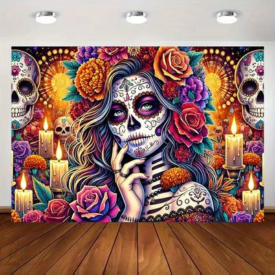 2D Mexican Festival Photo Booth Background, Colorful Sugar Skull and Floral Decor