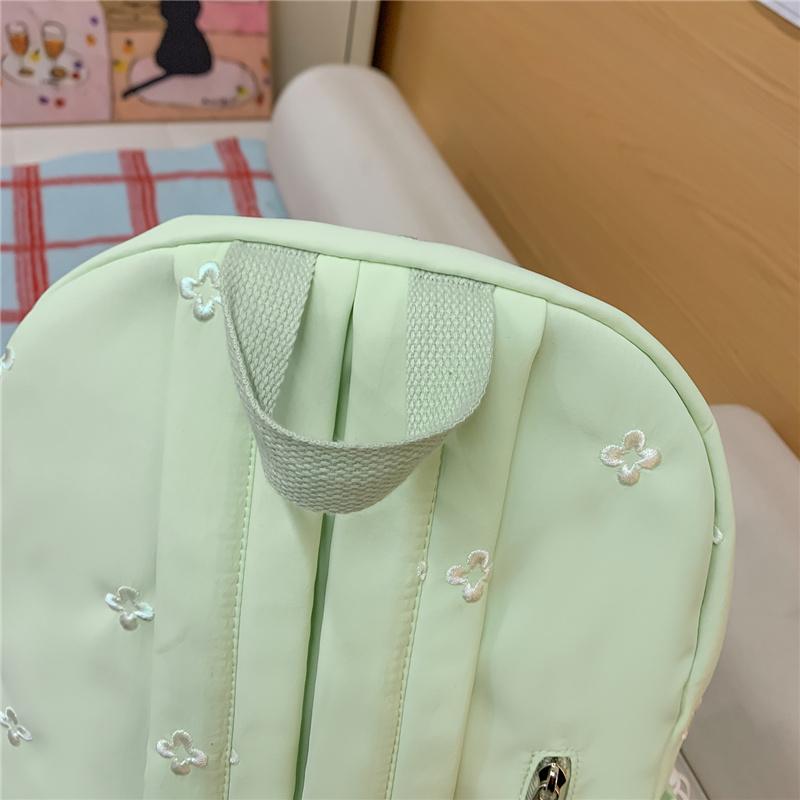 Cute Floral Embroidered Nylon Backpack for Women & Teens – Pastel Green Design with Multiple Pockets, Perfect for School and Daily Use