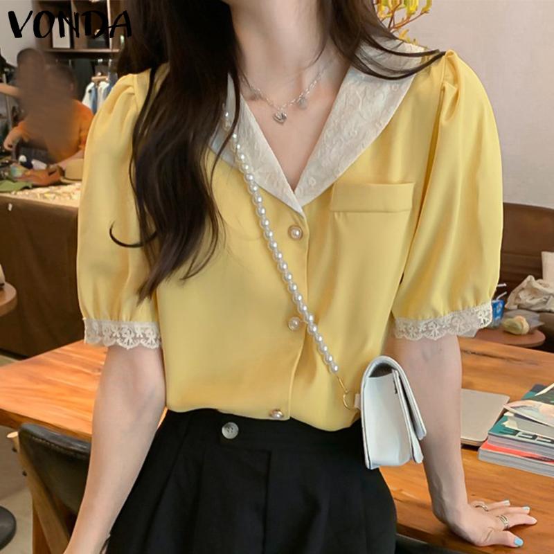 

VONDA Splicing Color Женские повседневные свободные рубашки с короткими рукавами Топы