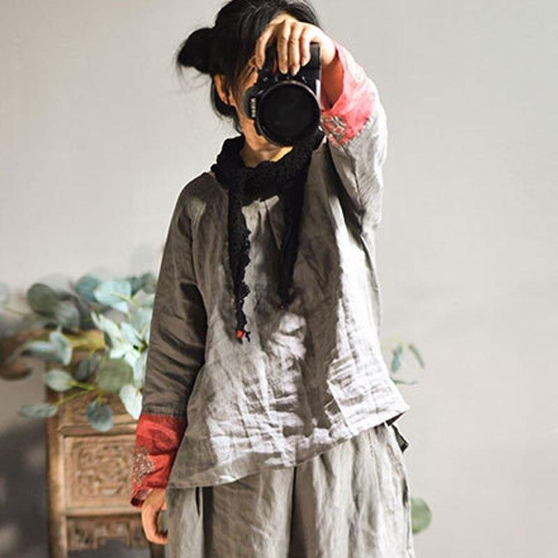 

Johnature, весенне-осенняя винтажная лоскутная рубашка в стиле ретро с круглым вырезом, длинными рукавами, хлопково-льняная рубашка, свободные блузки для отдыха L розовый