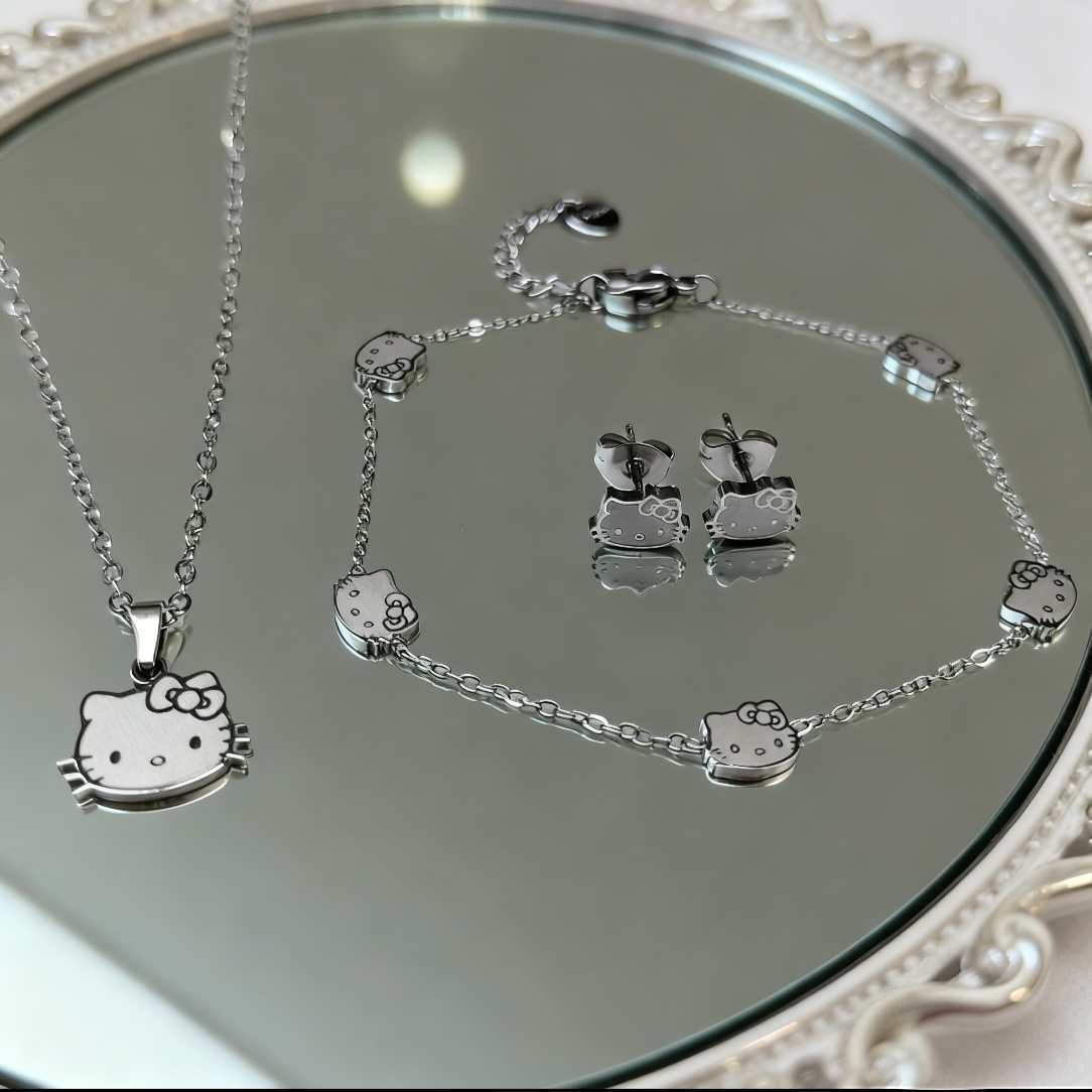 New Kitty cat necklace bracelet earring three piece set fashionable and versatile, non fading vacuum plated cartoon jewelry sales necklace+bracelet+earring