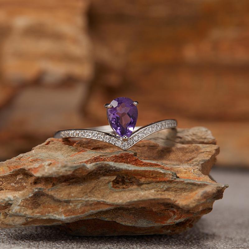 Non-Fading High-End S925 Sterling Silver 18K Gold Natural Amethyst Lucky Treasure Ring Women'S Simple Jewelry