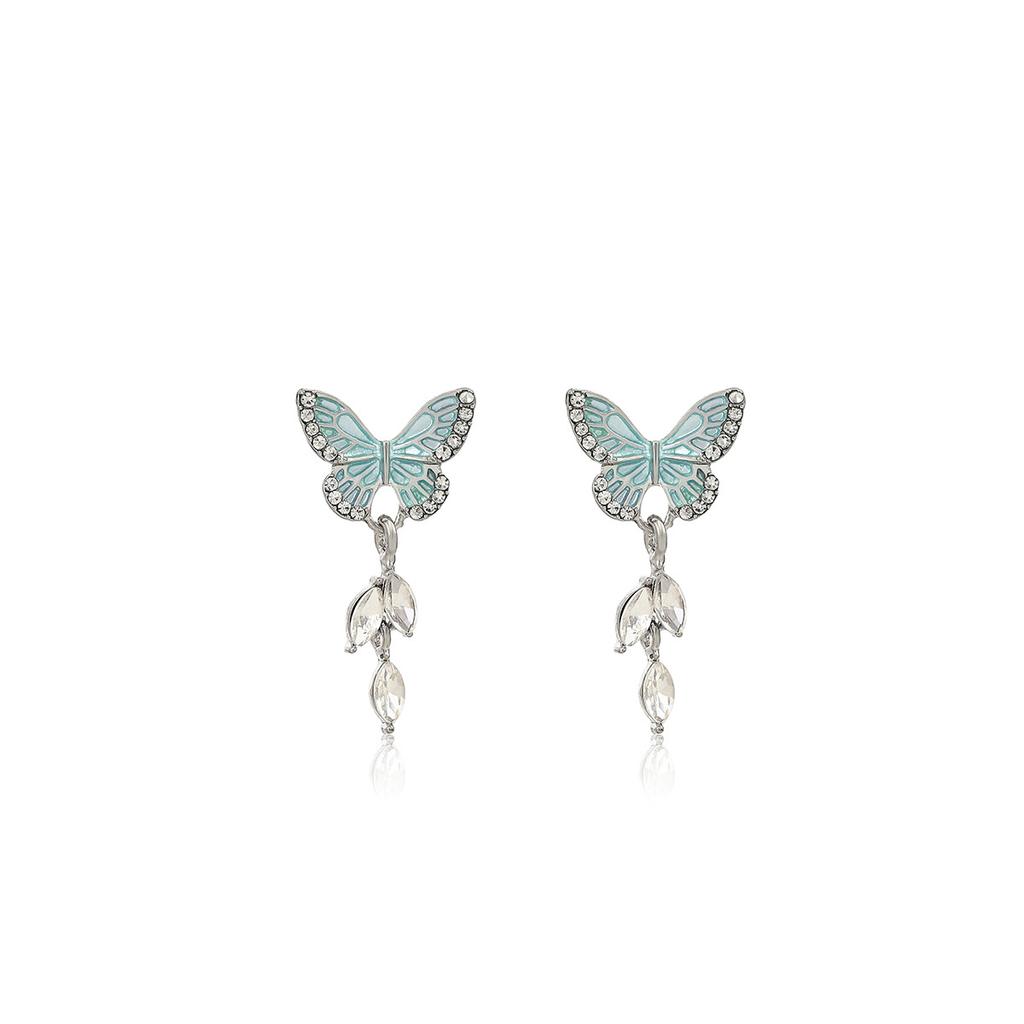 Diamond-Set Blue Oil-Dripping Butterfly Earrings, Light Luxury Niche Design, Water-Dripping Fringed Sweet Earrings.
