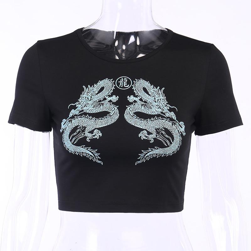 Women’s Short Sleeve Dragon Print T-shirt Summer Fashion Crop Top