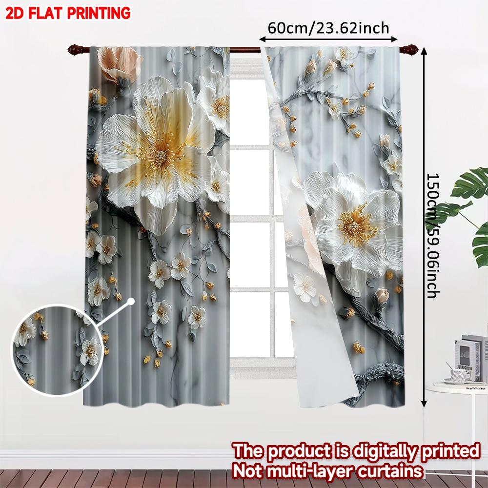 2pcs Large Floral Curtains    Delicate White Pink Blossoms with Golden Accents Lightweight Sheer for Bedroom Living Room