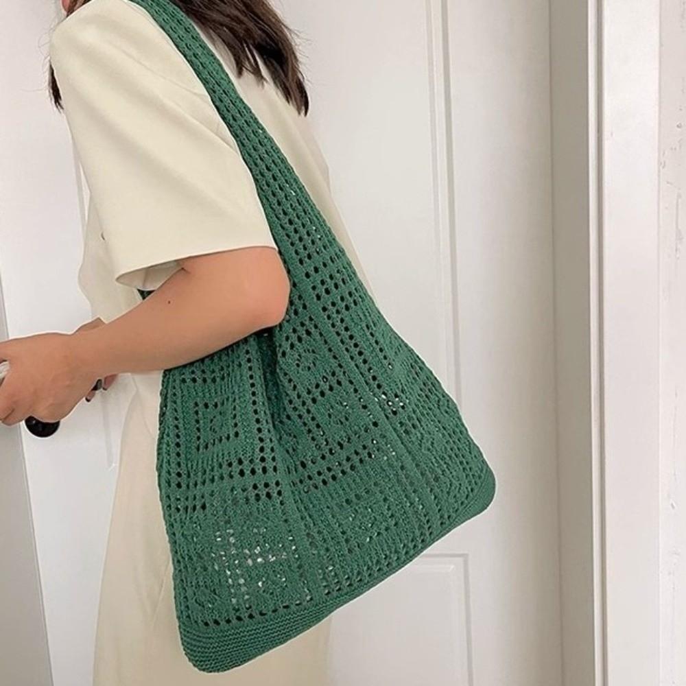 Hollow Crochet Mesh Bag Solid Color Beach Tote Bag Fashion Knitting Shoulder Bag  Ladies