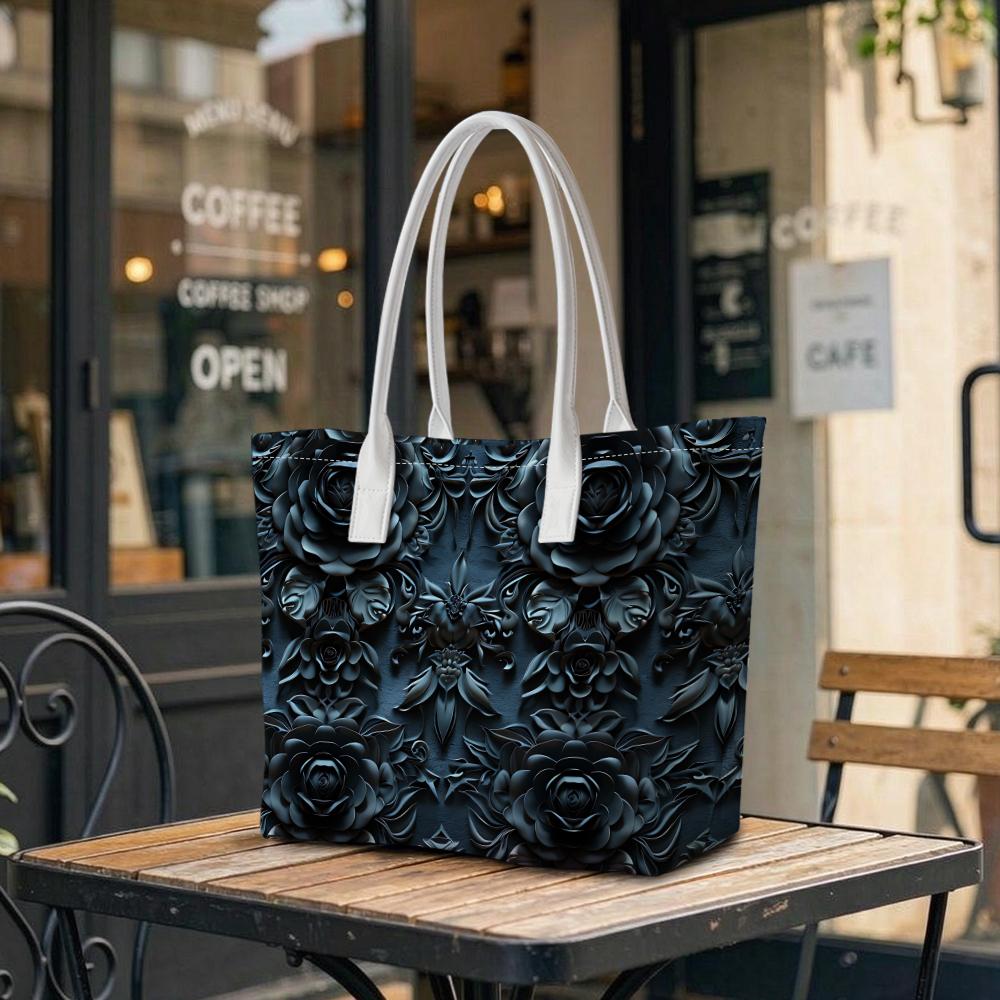 Elegant Black Rose Pattern Tote Bag Stylish Women Daily Outdoor Handbag