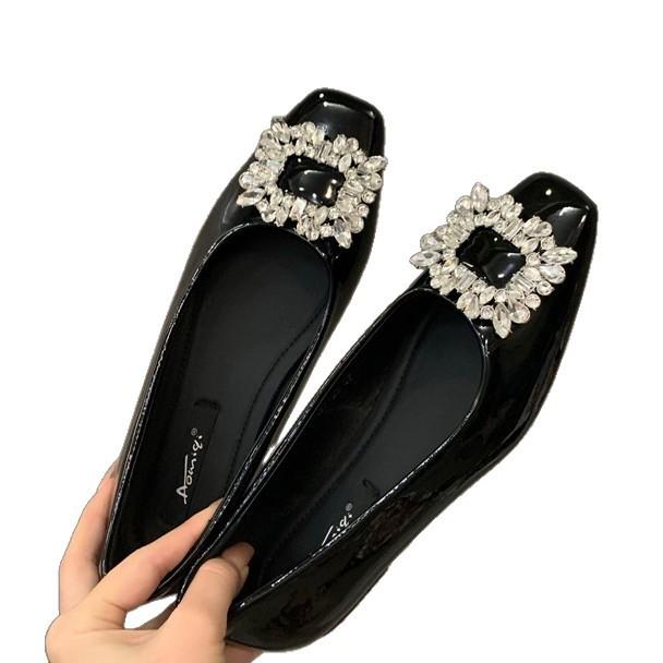 Flat Bottom High-end Square Head Rhinestone Single Shoes Women's Shoes Spring and Summer New Black Commuter Work Shoes