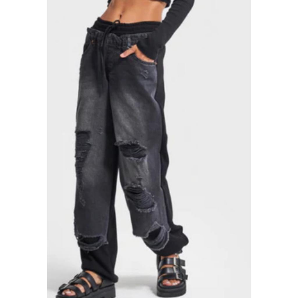 Ladies' High Waist Straight Leg Jeans - Street Style Sewing and Tearing Jeans, Regular Style Elegant Fashion Set, High Waist Jeans