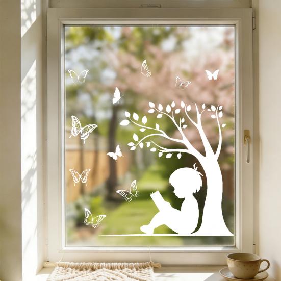 Girl Boy Butterflies Window Cling White Static Window Stickers Removable Decals for Home Office Glass Door Window Decoration