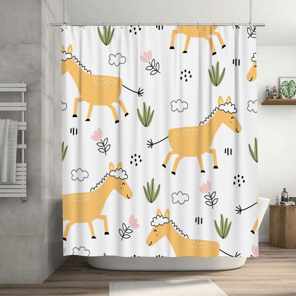 Modern Bathroom Decor Shower Curtain With Cartoon Animal Print White Flower Clouds Pattern For Kids Bathrooms Waterproof Fabric