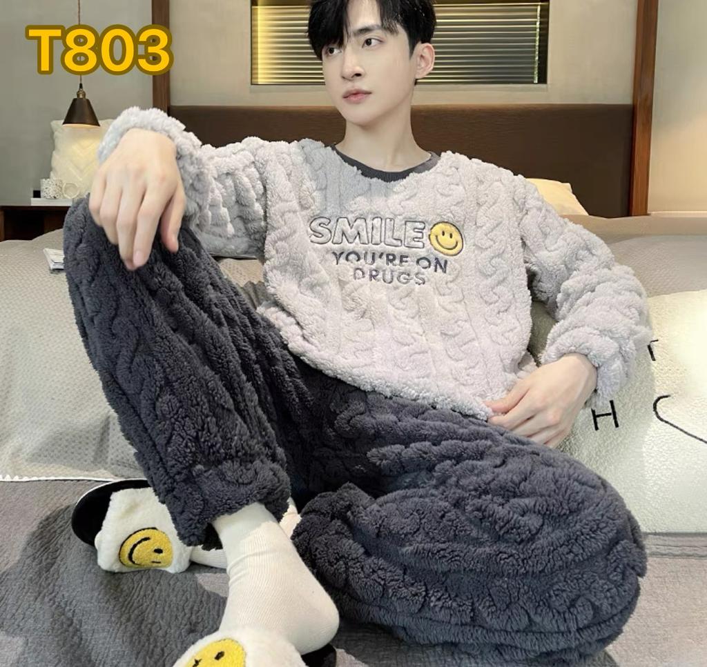 Men's pajamas coral fleece autumn and winter warm home leisure suits can be worn outside plush loungewear men's