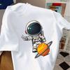 Kids Crewneck Short Sleeve T-Shirt, Loose Casual Cartoon Astronaut & Saturn Print