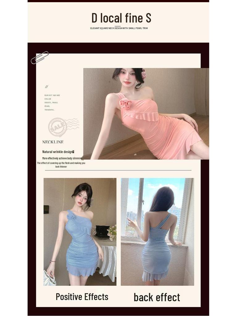 Sexy One-Shoulder Mesh Ruffled Slip Dress