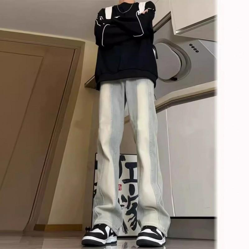 Mens Gradient Flare Jeans American High Street Design Spliced Straight Leg Denim Pants