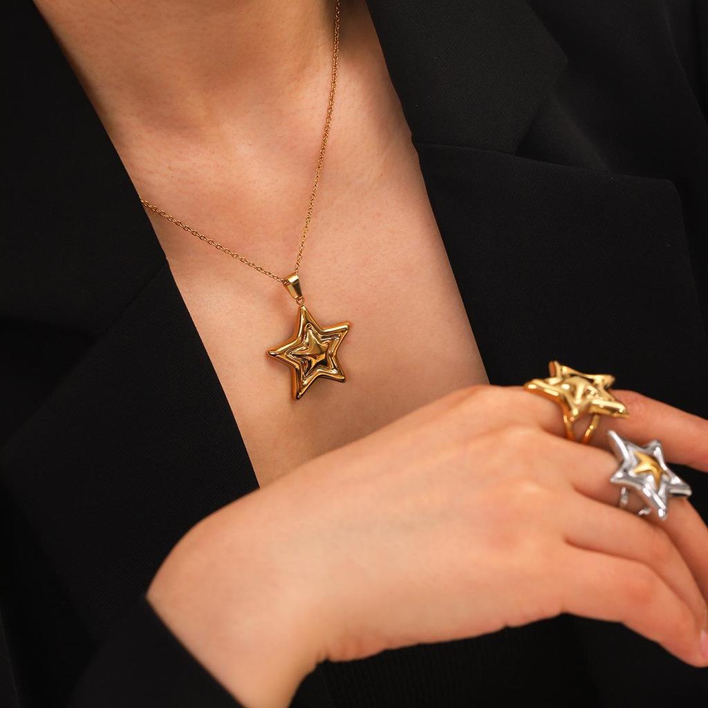 Stainless Steel Gold & Silver Star Pendant Necklace with Open Ring & Star Earrings