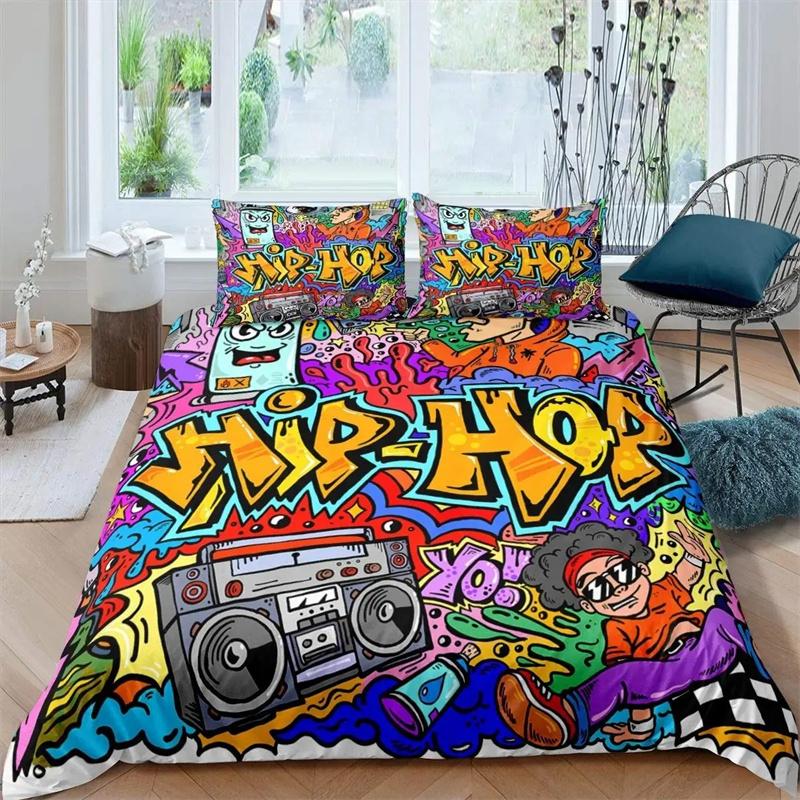 Hippie Graffiti King Queen Duvet Cover Hip Hop Bedding Collection For Kids Teens Adults Wall Urban Street Art Polyester Quilt Cover