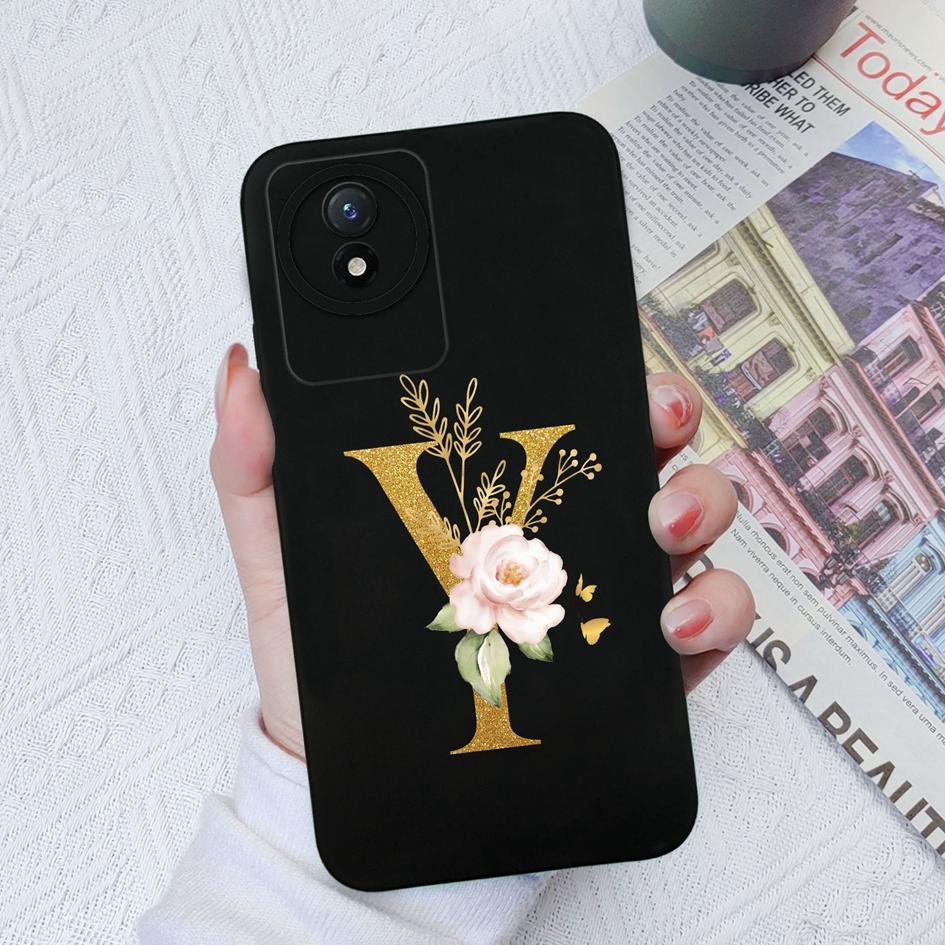 Telefon Fall Für Vivo Y02S Y11 Y12 Y15 Y16 Y17 Y19 Y20 Y21 Y30 4G 5G Luxus Schutzhülle flüssigkeit Weiche Silikon Blume Buchstaben Fundas Für Vivo Stoßstange Coque