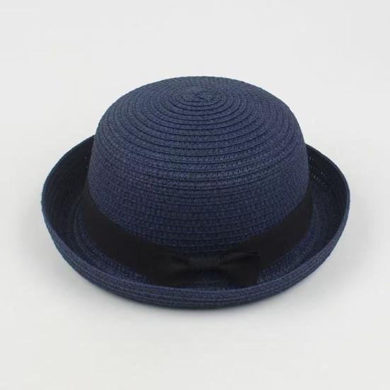 Parent-child Beach Hat Dome Curved Brim UV Protection Hat Handwoven Summer Outdoor Straw Hat with Black Satin Ribbon Bow