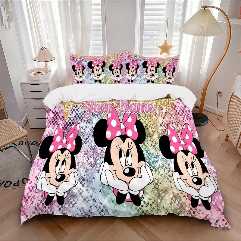 Custom 3pcs Minnie Polka Sparkle Bow Bedding Sets For All Sizes New 104D Printed Bed Cover Comforter Duvet Cover Pillowcase Bedroom Decoration