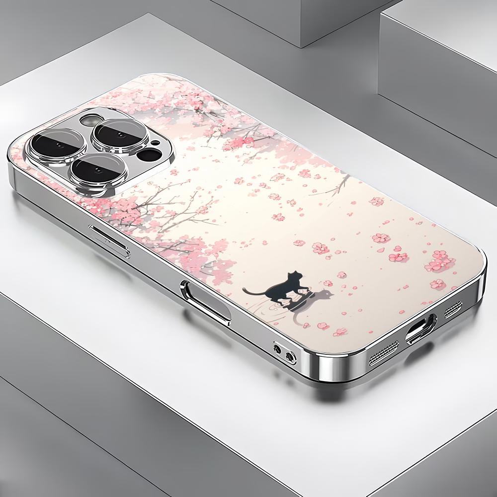 Anime Sakura Cat Pattern Metallic Paint Glass Phone Case Suitable for iPhone 17 16 15 14 13 12 11 Pro Max Plus Anti Shock