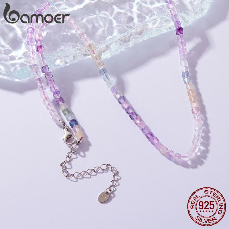 BAMOER Purple Crystal Necklace Colorful Transparent Basic Beads Chain for Women Teens Stacking Jewelry 925 Silver