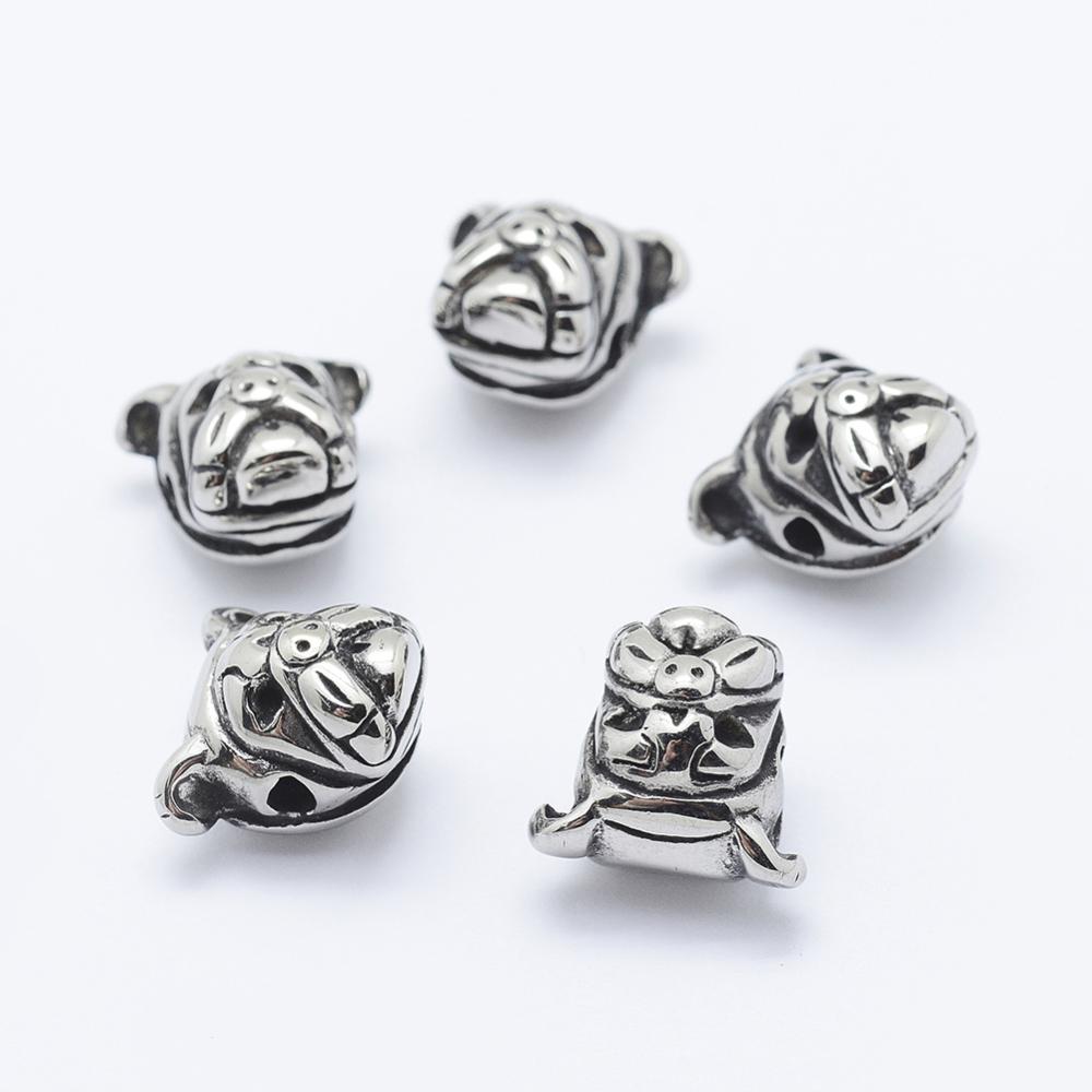 10pcs 304 Stainless Steel Puppy Beads Pug Antique Silver 12x13x10mm Hole: 2mm