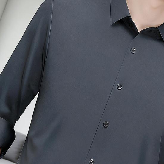Men Shirt Lapel Long Breasted Shirt Color Elastic Fabric Tops Pure Sleeve Single Lightweight Breathable Shirt