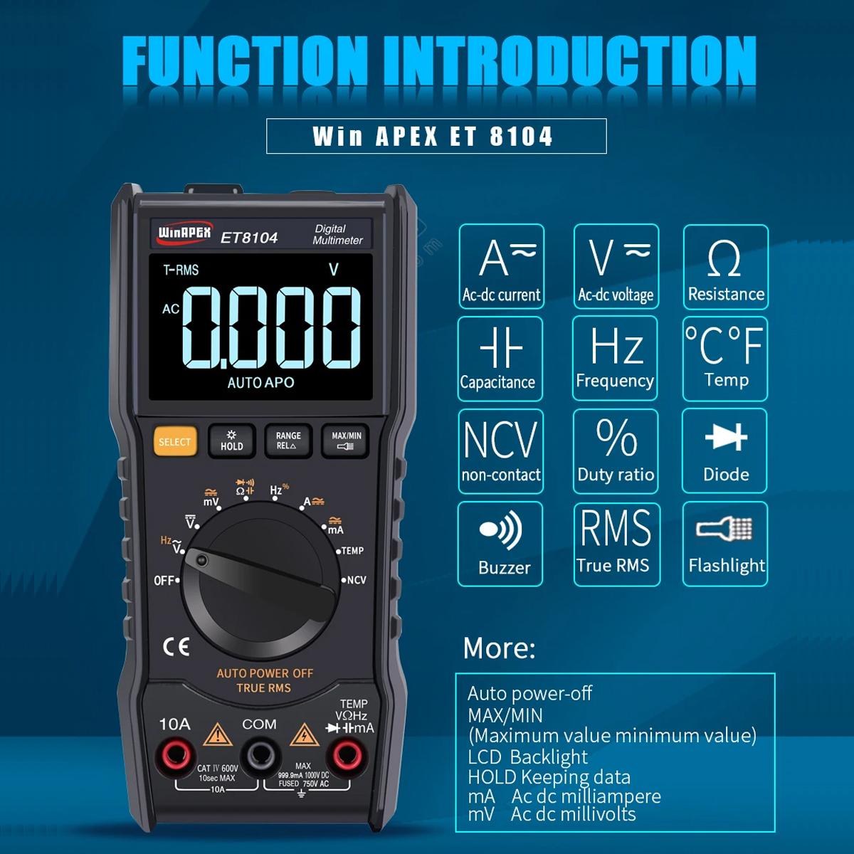 

WINAPEX ET8104 Digital Handheld Multimeter Auto-Range Multifunction Tester NCV AC/DC Voltage Current Resistance Temperature Tool