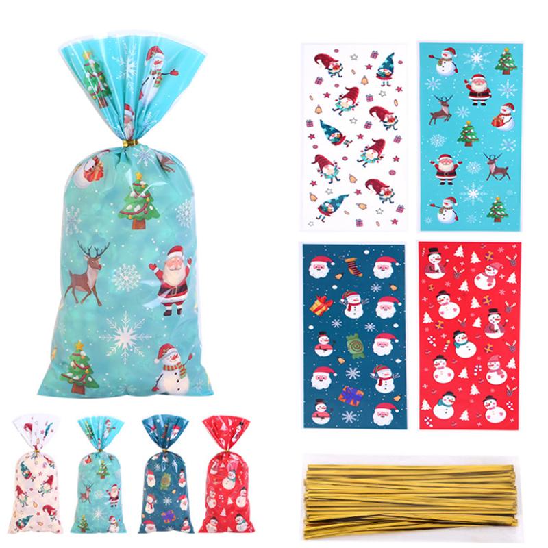 50Pcs Xmas Cookie Packing Bags With Ribbon Ties Christmas Party Treat Candy Bag Festival Party Favor Gift Printing Christmas