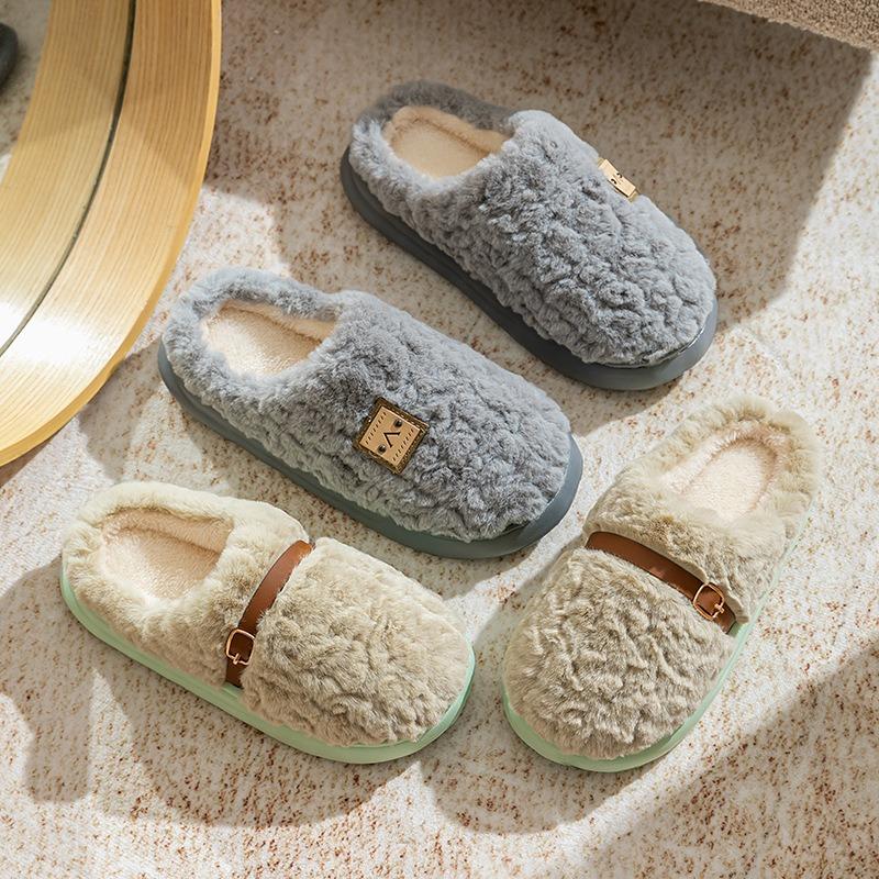 Winter plush cotton slippers women's indoor non-slip thick-soled plush warm couple fashion high-end confinement shoes
