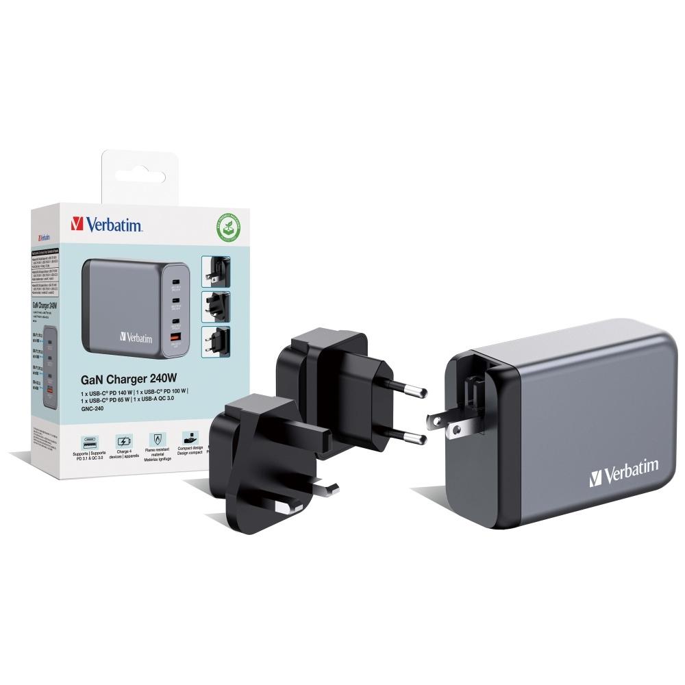 Verbatim Ładowarka Sieciowa Gan 240W3Xusb-C/Usb-A + Adapter Eu/Uk/Us Gnc-240 32205