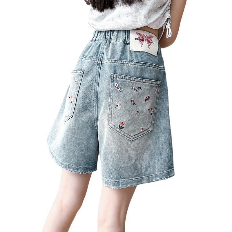 2025 New Girls' Embroidered Denim Summer Shorts: Stylish & Lightweight Five-Point Design for Big Girls